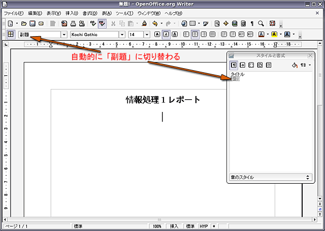 「副題」のスタイルに自動的に切り替わる